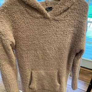soft peach color hooded fuzzy and cozy sweater